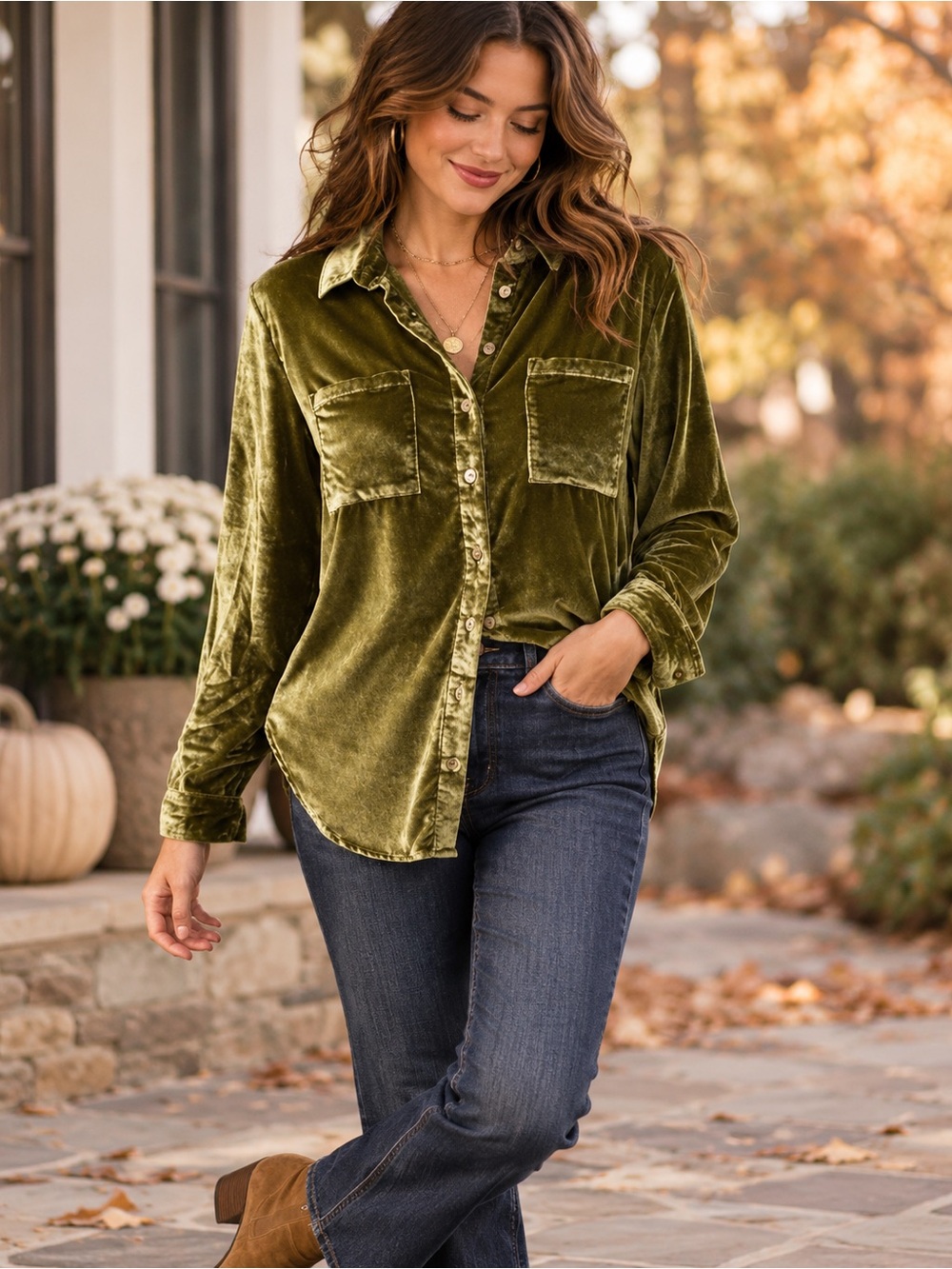 Anthropologie - Pilcro Olive Green Velvet Button-Down Shirt Size S NWT - Picture 1 of 7